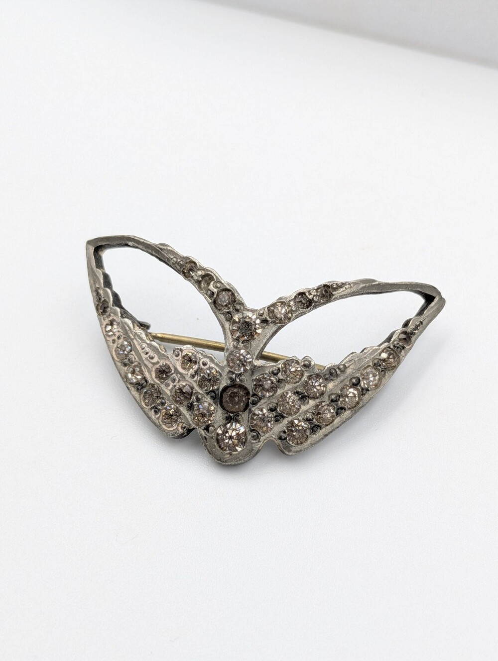 Antique art deco stylized butterfly brooch pin with rhinestones